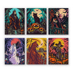 Dark Harvest Folk Art mini paint by numbers set: six richly patterned dark Halloween scenes with a reaper, black cat, vampire, ghostly bride and scarecrows