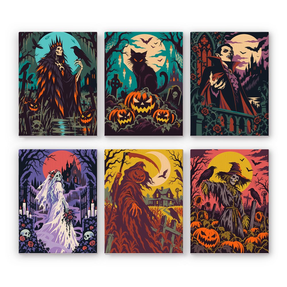 Dark Harvest Folk Art mini paint by numbers set: six richly patterned dark Halloween scenes with a reaper, black cat, vampire, ghostly bride and scarecrows