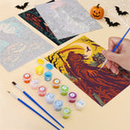 Filling in a Dark Harvest Folk Art mini canvas with numbered acrylic paints and a fine brush