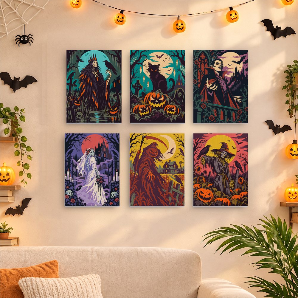 Six finished Dark Harvest Folk Art mini paintings hung on a wall above a table