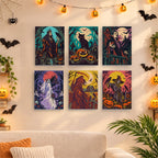 Six finished Dark Harvest Folk Art mini paintings hung on a wall above a table