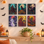 Dark Harvest Folk Art mini paintings displayed as a gallery wall in a sunny kitchen