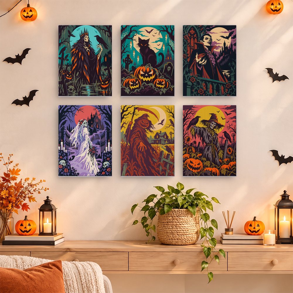 Dark Harvest Folk Art mini paintings displayed as a gallery wall in a sunny kitchen