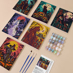 Dark Harvest Folk Art mini paint by numbers kit with six numbered canvases, acrylic paints, brushes and layout