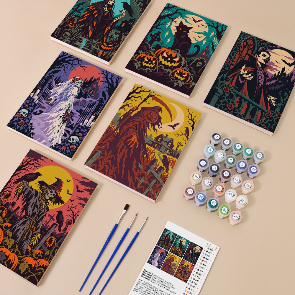 Dark Harvest Folk Art mini paint by numbers kit with six numbered canvases, acrylic paints, brushes and layout