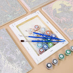 Numbered paint pots and brushes on a pre-stretched Dark Harvest Folk Art mini canvas