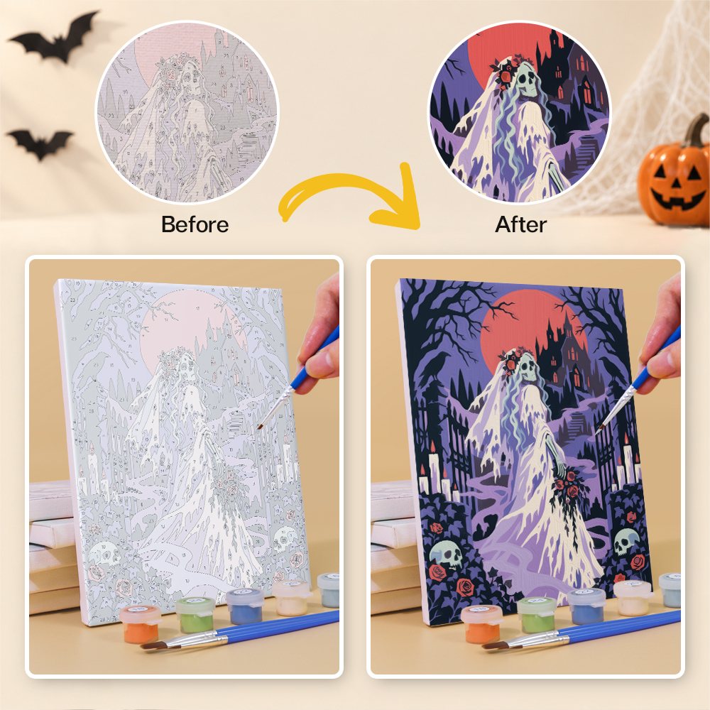 Before and after of a Dark Harvest Folk Art mini paint by numbers canvas