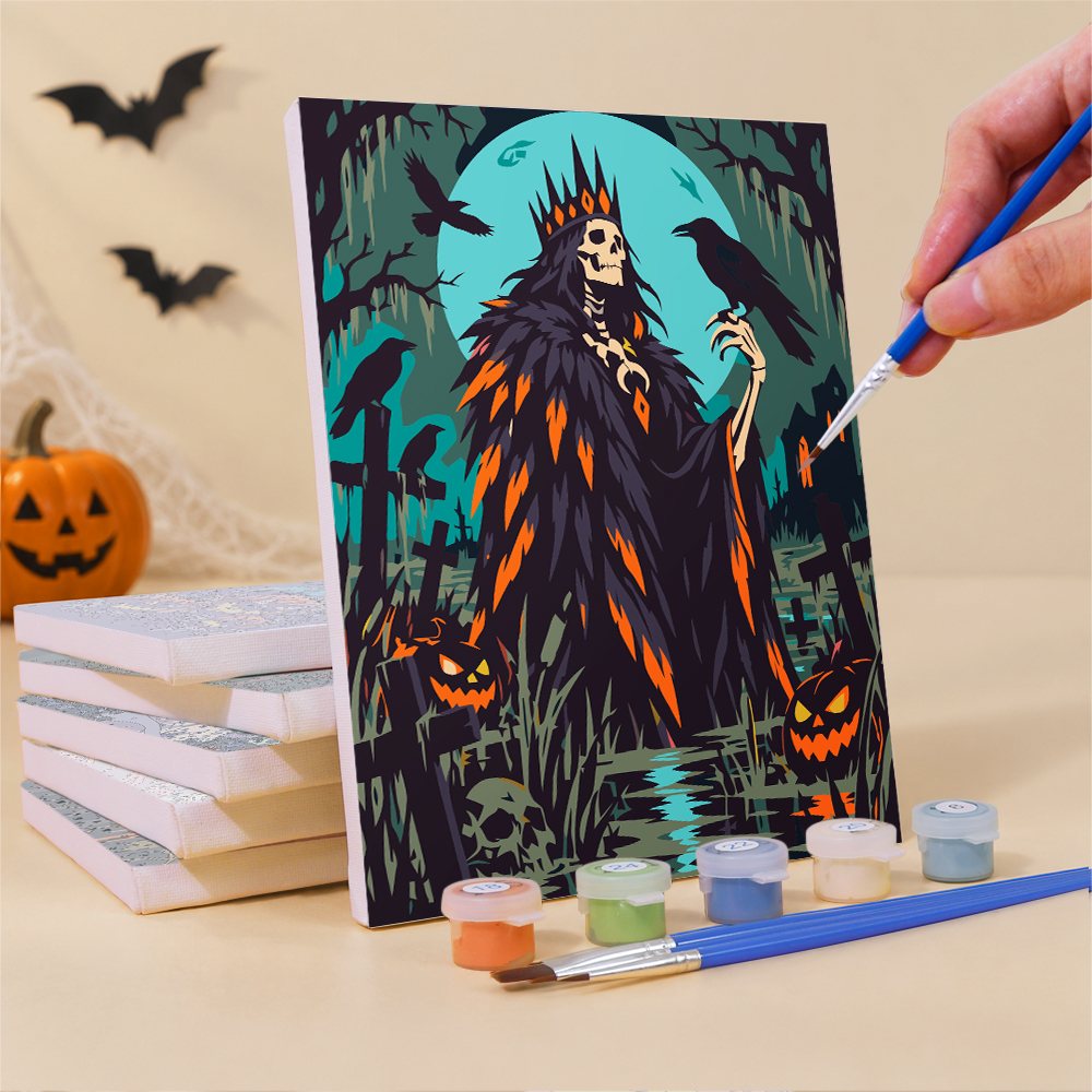 Painting a Dark Harvest Folk Art mini canvas propped up beside numbered acrylic paints