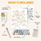 What's included in the Delicate Dance of Butterflies paint by numbers kit: numbered linen canvas, reference sheet, color guide, 24 acrylic paints, 3 brushes and thank you card