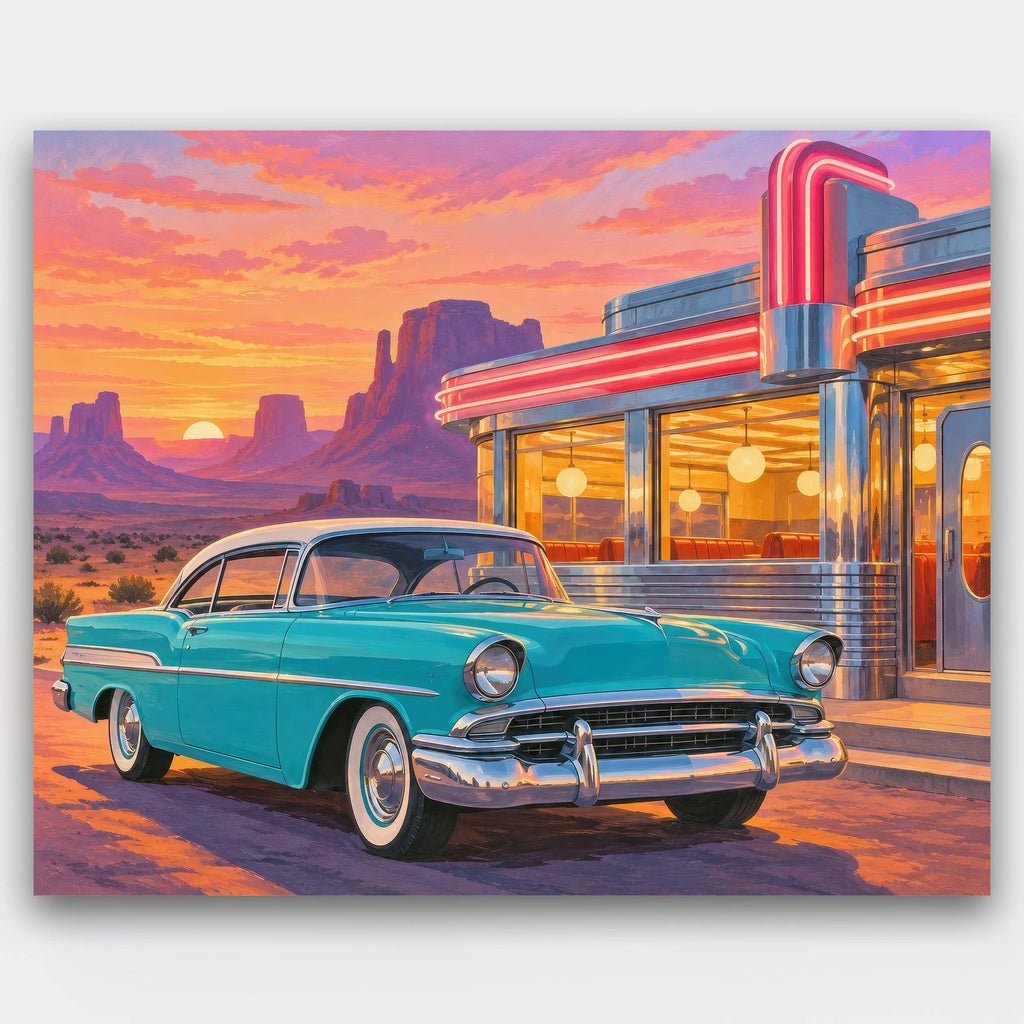 Desert Diner at Dusk paint by numbers kit of a turquoise 1950s car parked outside a chrome neon diner in a desert at sunset