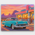 Desert Diner at Dusk paint by numbers kit of a turquoise 1950s car parked outside a chrome neon diner in a desert at sunset