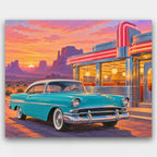 Desert Diner at Dusk paint by numbers kit of a turquoise 1950s car parked outside a chrome neon diner in a desert at sunset