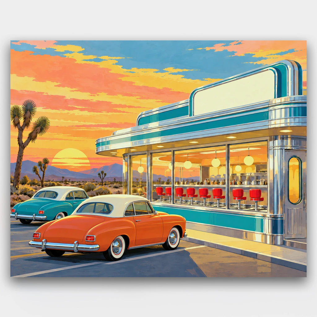 Desert Diner at Sunset paint by numbers kit of a chrome 1950s diner with red stools and vintage cars at sunset