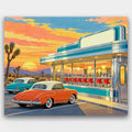 Desert Diner at Sunset paint by numbers kit of a chrome 1950s diner with red stools and vintage cars at sunset