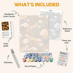 What's included in the Desert Explorers on the Rocks paint by numbers kit: numbered linen canvas, reference sheet, color guide, 24 acrylic paints, 3 brushes and thank you card