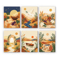 Desert Light mini paint by numbers set: six designs of desert hills with an oil lamp, dove, figs, arch, boat and well