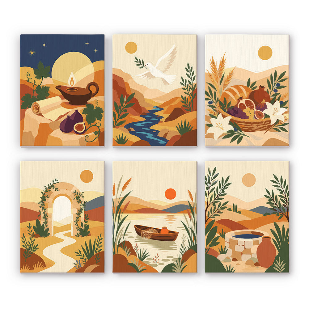Desert Light mini paint by numbers set: six designs of desert hills with an oil lamp, dove, figs, arch, boat and well