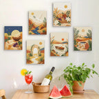 Six finished Desert Light mini paintings hung on a wall above a table