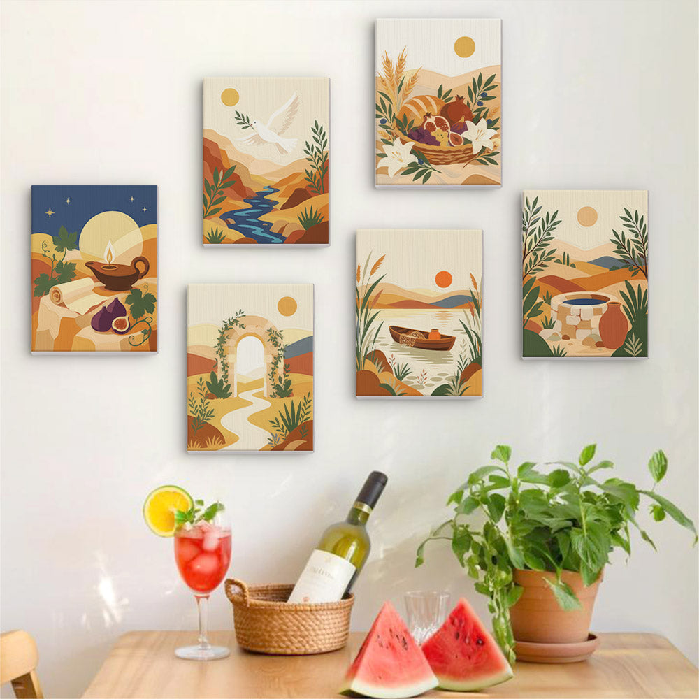 Six finished Desert Light mini paintings hung on a wall above a table