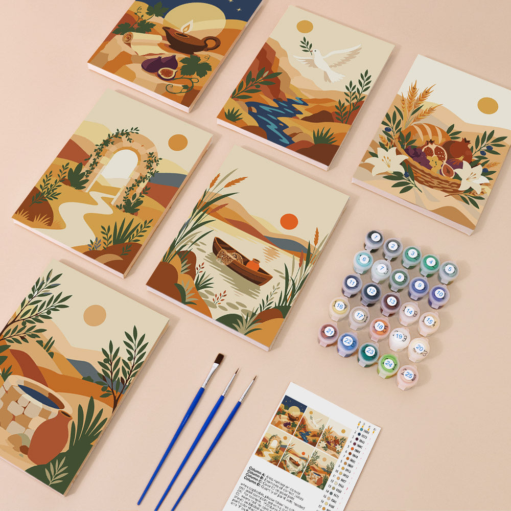Desert Light mini paint by numbers kit with six numbered canvases, acrylic paints, brushes and layout
