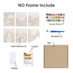 What's included without a frame: six rolled Desert Light mini canvases, acrylic paints, three brushes and layout