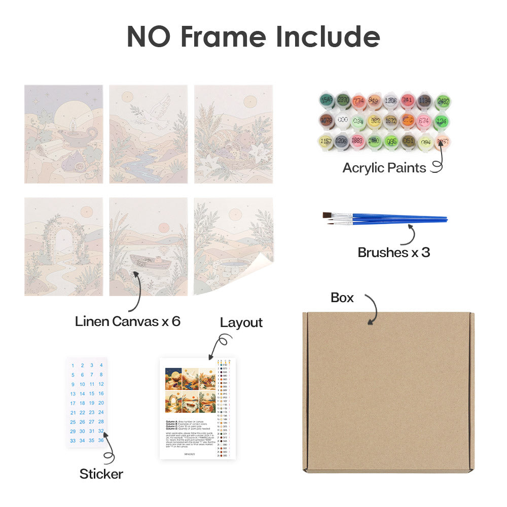 What's included without a frame: six rolled Desert Light mini canvases, acrylic paints, three brushes and layout