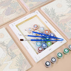 Numbered paint pots and brushes on a pre-stretched Desert Light mini canvas