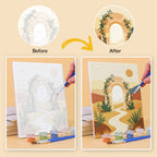 Before and after of a Desert Light mini paint by numbers canvas
