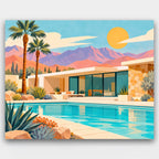 Desert Modern Pool House paint by numbers kit of a flat-roofed mid-century desert house with a turquoise pool, palms and mountains