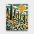 Desert Sun Garden paint by numbers kit of saguaro and prickly pear cacti under a big yellow sun in linocut style