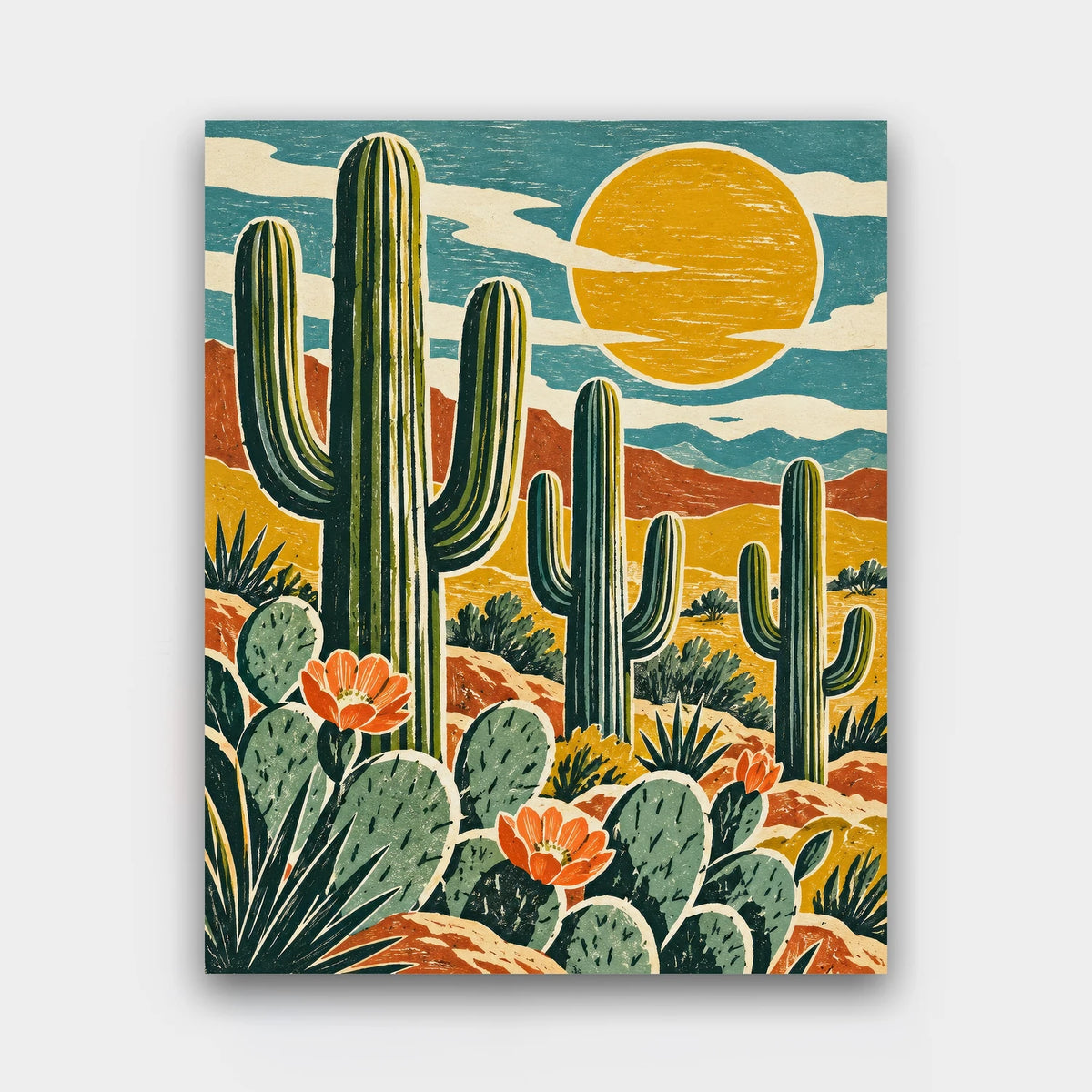 Desert Sun Garden paint by numbers kit of saguaro and prickly pear cacti under a big yellow sun in linocut style