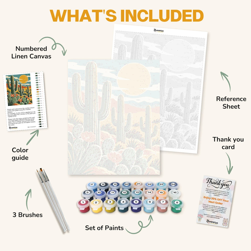 What's included in the Desert Sun Garden paint by numbers kit: numbered linen canvas, reference sheet, color guide, 24 acrylic paints, 3 brushes and thank you card