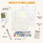 What's included in the Desert Sun Garden paint by numbers kit: numbered linen canvas, reference sheet, color guide, 24 acrylic paints, 3 brushes and thank you card