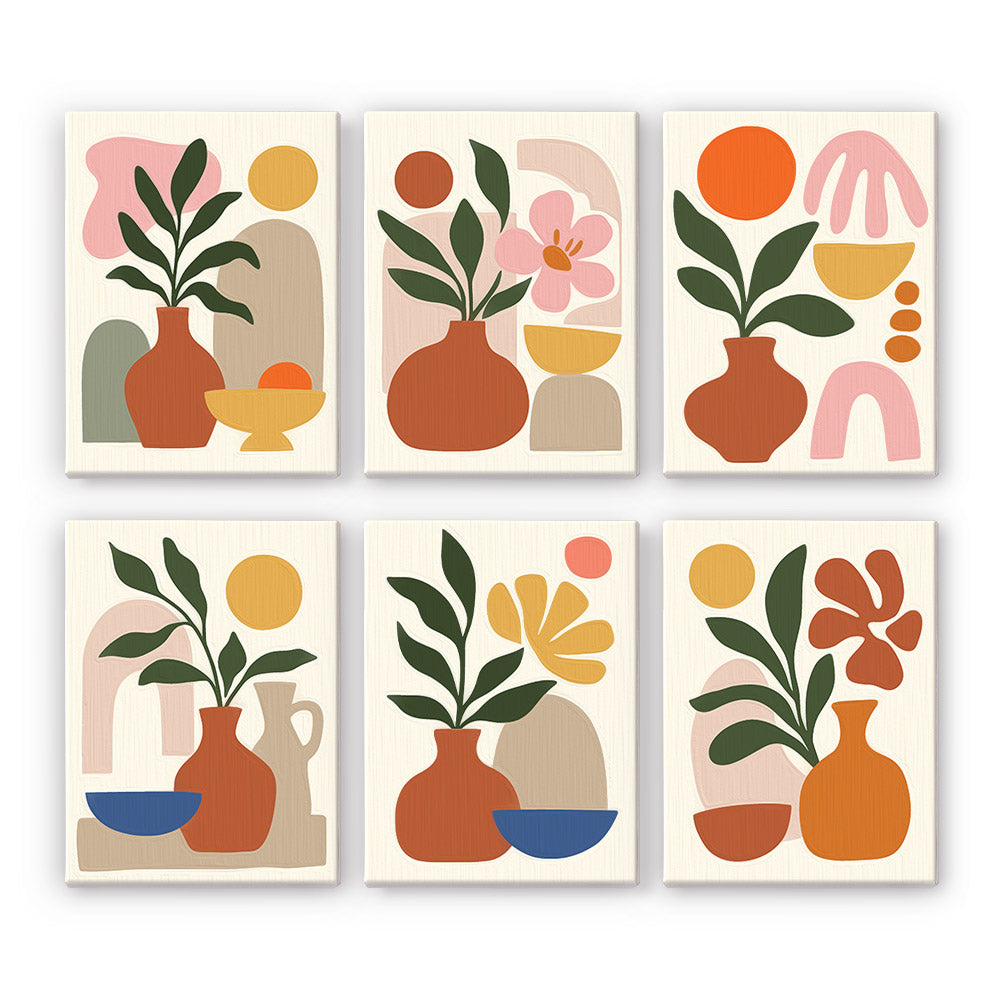 Desert Sun Vases mini paint by numbers set: six mid-century still lifes of clay vases, plants and orange suns