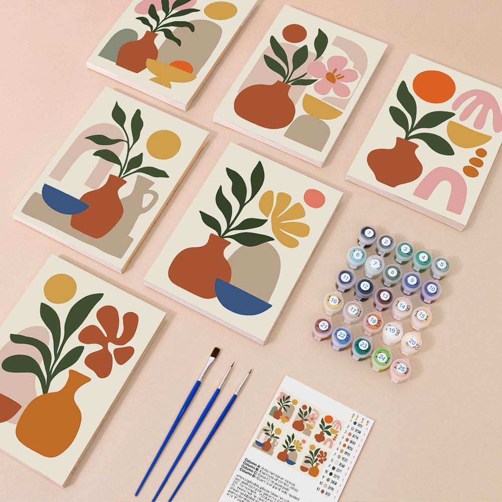 Desert Sun Vases mini paint by numbers kit with six numbered canvases, acrylic paints, brushes and layout