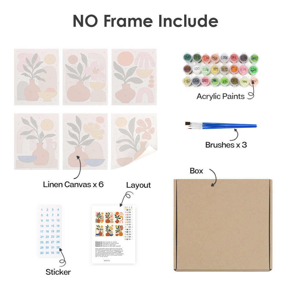 What's included without a frame: six rolled Desert Sun Vases mini canvases, acrylic paints, three brushes and layout
