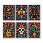Día de Muertos mini paint by numbers set: six Day of the Dead folk-art designs, including a catrina, candles, a black cat, a guitar, a sugar skull and a cactus