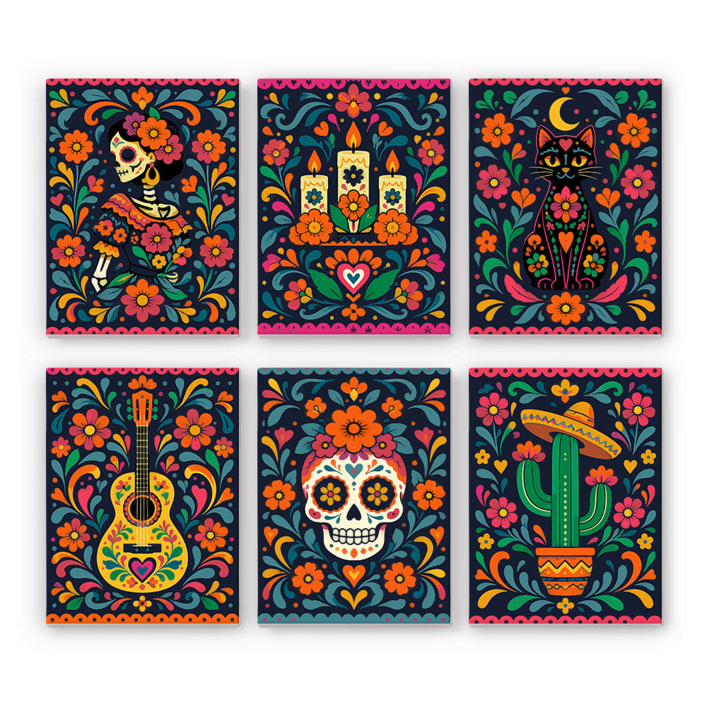 Día de Muertos mini paint by numbers set: six Day of the Dead folk-art designs, including a catrina, candles, a black cat, a guitar, a sugar skull and a cactus