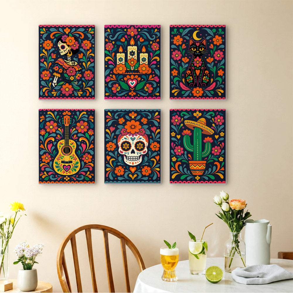 Día de Muertos mini paintings displayed as a gallery wall in a sunny kitchen
