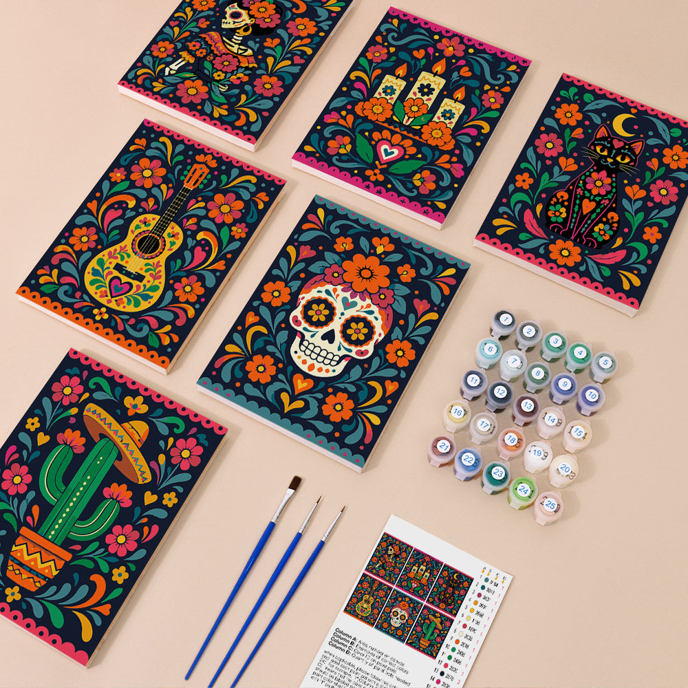 Día de Muertos mini paint by numbers kit with six numbered canvases, acrylic paints, brushes and layout