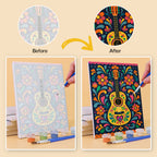 Before and after of a Día de Muertos mini paint by numbers canvas