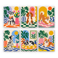 Dogs at Home mini paint by numbers set: six dogs in colorful modern rooms, including a schnauzer, a beagle, a shiba, a dalmatian, a French bulldog and a corgi
