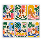 Dogs at Home mini paint by numbers set: six dogs in colorful modern rooms, including a schnauzer, a beagle, a shiba, a dalmatian, a French bulldog and a corgi