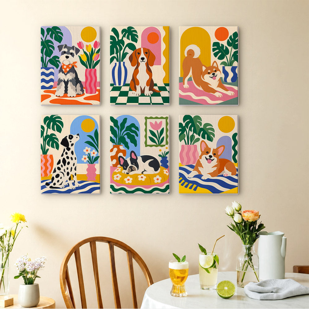 Dogs at Home mini paintings displayed as a gallery wall in a sunny kitchen