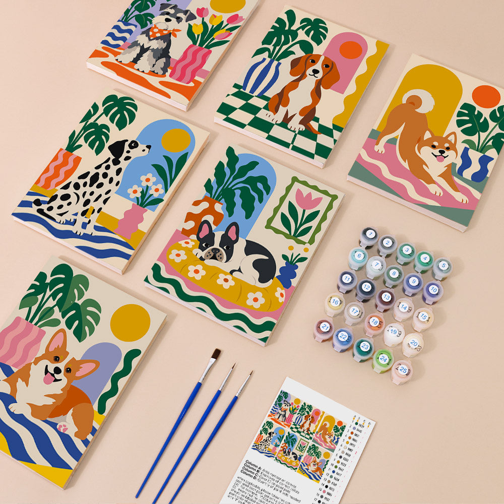 Dogs at Home mini paint by numbers kit with six numbered canvases, acrylic paints, brushes and layout