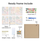 What's included pre-stretched on frame: six framed Dogs at Home mini canvases, paints, three brushes, hangers and layout