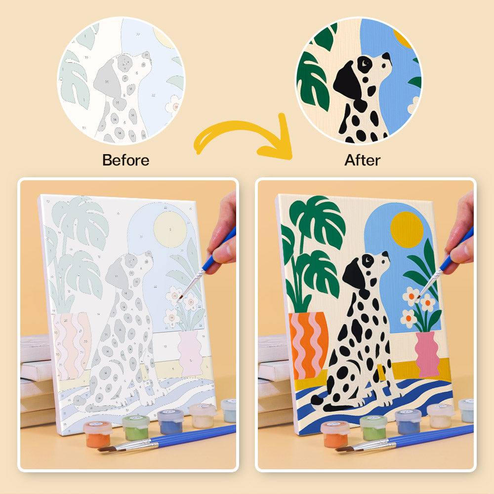 Before and after of a Dogs at Home mini paint by numbers canvas
