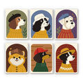 Dogs in Sweaters mini paint by numbers set: six portraits of dogs wearing cozy sweaters and hats in arched frames
