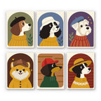 Dogs in Sweaters mini paint by numbers set: six portraits of dogs wearing cozy sweaters and hats in arched frames