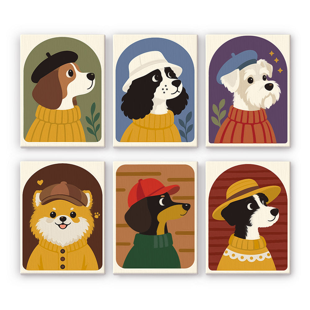 Dogs in Sweaters mini paint by numbers set: six portraits of dogs wearing cozy sweaters and hats in arched frames